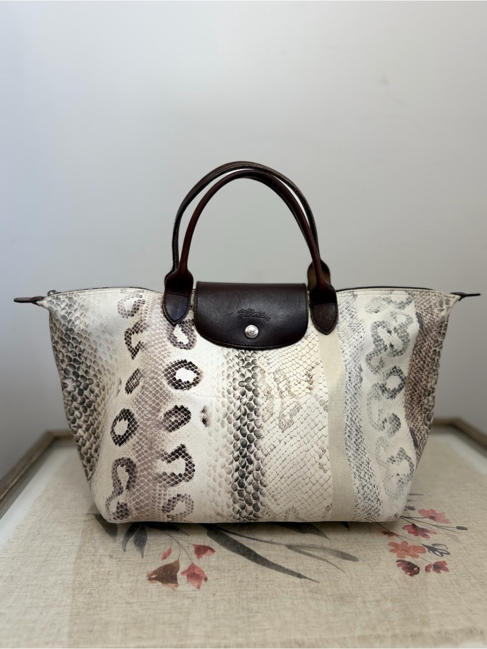 Longchamp Python-Print Top-Handle Tote in Cream and Brown